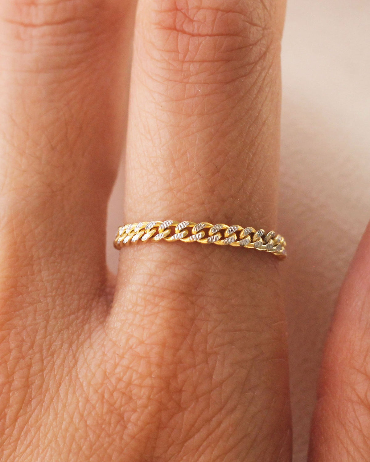 Two Tone Chain Ring - 14K SOLID GOLD - Size 6