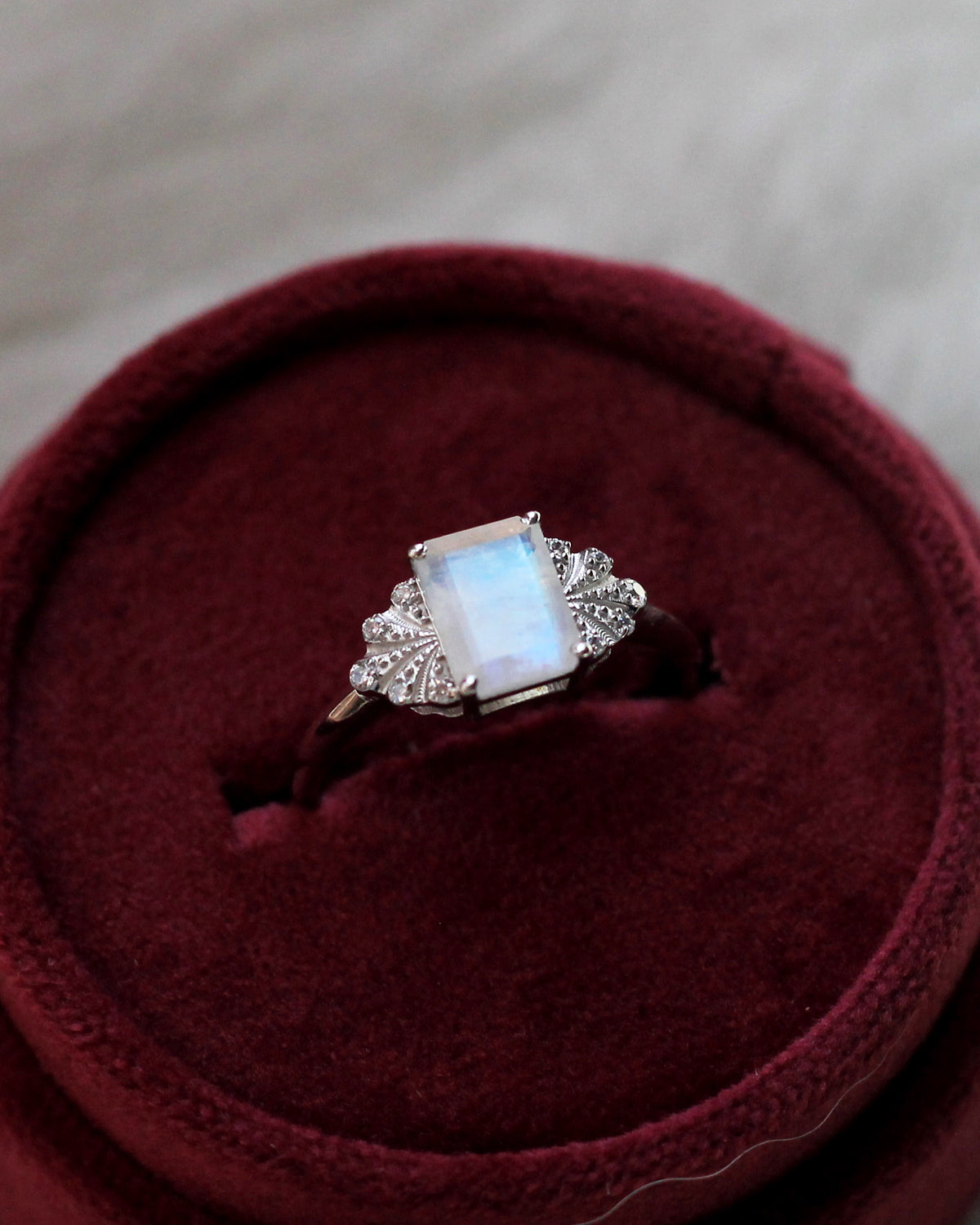 C38 Emerald Cut Moonstone Ring Sterling Silver Size 7, 8