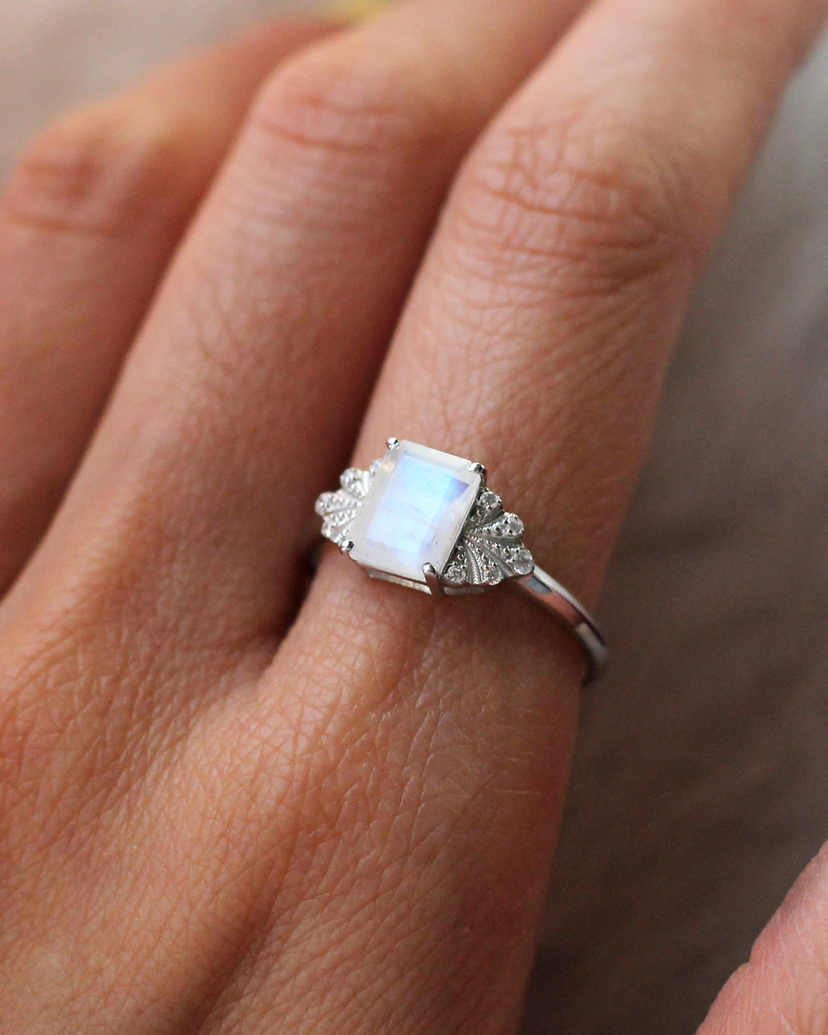 C38 Emerald Cut Moonstone Ring Sterling Silver Size 7, 8
