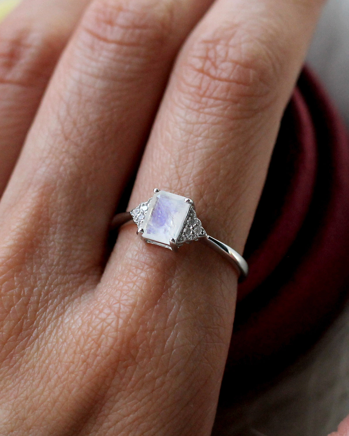 C39 Emerald Cut Moonstone Ring Sterling Silver Size 6, 7