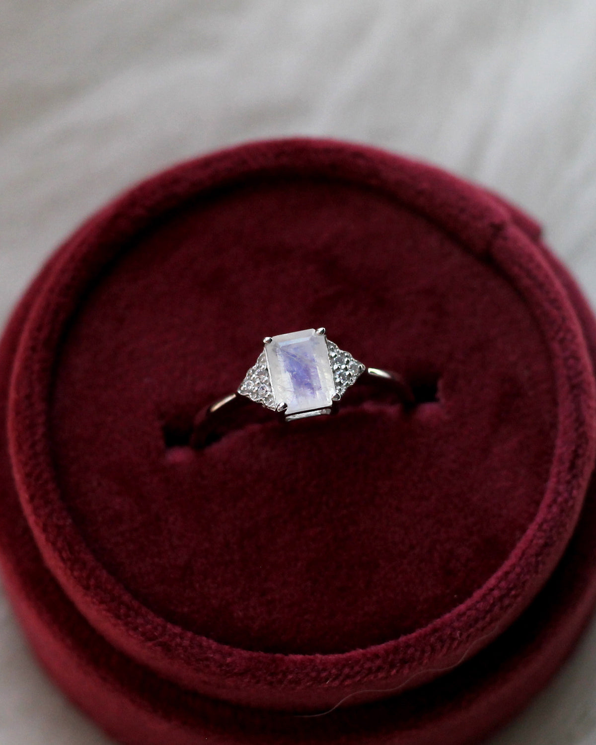 C39 Emerald Cut Moonstone Ring Sterling Silver Size 6, 7
