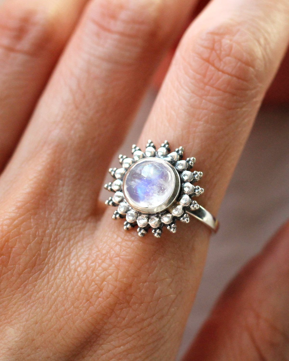 C43 Halo Moonstone Ring Sterling Silver Size 6.75, 7.75